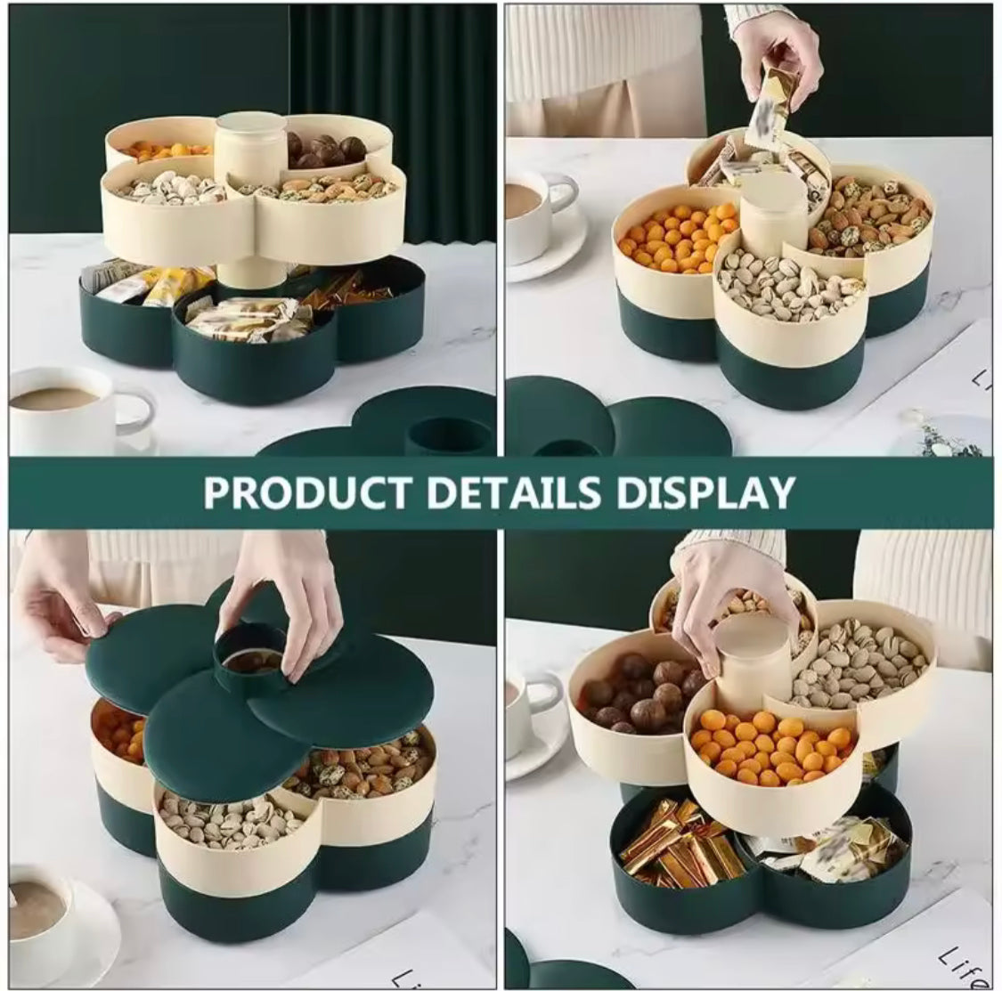 2 Layer Rotating Dry Fruit Tray, Flower Shaped Dry Fruit Storage Organizer, Candy Food Serving Tray 2 Layer Rotating Dry Fruit Tray, Flower Shaped Dry Fruit Storage Organizer, Candy Food Serving Tray